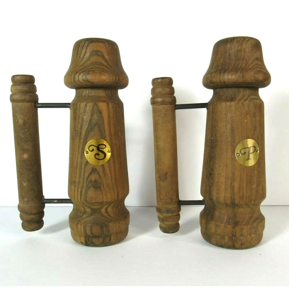 Vintage Large Wooden & Metal Salt & Pepper Shakers with handles VTG with plugs